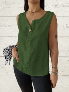 Women's V-neck dark green sleeveless cotton linen top with button detail and loose fit