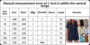 Size chart for casual V-neck short sleeve linen blouse, measuring S to 3XL for women