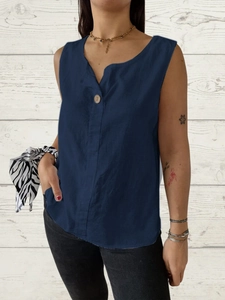 Women's V-neck cotton linen sleeveless shirt in navy blue with decorative wooden button