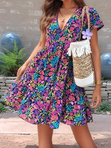 Robe Midi à Manches Courtes et Col en V Imprimé Fleuri pour Femmes Robe Moulante Décontractée à Volants Élégante
