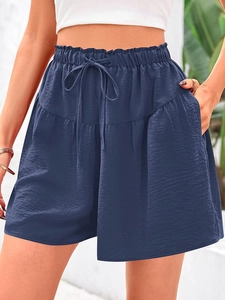 Short taille haute bleu marine pour femme avec cordon de serrage et poches latérales