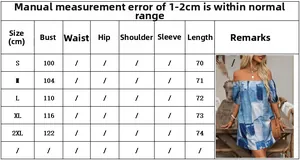 Size guide for the off-shoulder printed mini dress with bust and length in cm