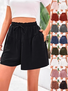 Short Taille Haute Femme Avec Cordon de Serrage Élastique Été Décontracté Ample Jambe Large Texturé Avec Poches Mode Plage