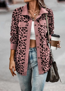 Detail of pink leopard print corduroy jacket with chest pockets and button-down front