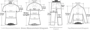Clothing size chart showing measurement guides for T-shirts, dresses, pants, and tops