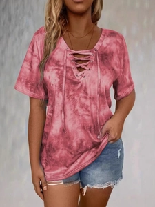 Maglietta da Donna a Maniche Corte Tie Dye Scollo a V Stringato Vestibilità Comoda Moda Estate Top Casual Streetwear