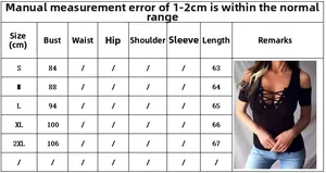 Detaillierte Größentabelle für schulterfreies Damen-T-Shirt mit Schnürung von S bis 2XL