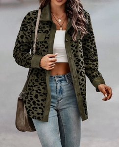 Close-up of leopard print corduroy jacket fabric texture and button details