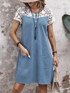 Blue casual mini dress with white lace stitching and pockets for summer vacation