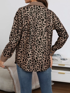Rear view of women's corduroy leopard print jacket with loose fit and casual collar