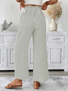 Detail of high waisted striped trousers showing the paperbag waist and back silhouette