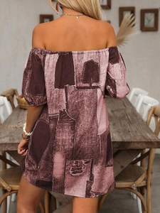 Women's off-shoulder floral dress with lantern sleeves and rustic abstract print back view
