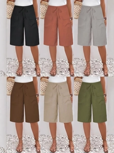 Short Bermuda Décontracté pour Femmes Avec Taille Élastique et Poches Cargo Été Ample Plage Vacances Couleur Unie