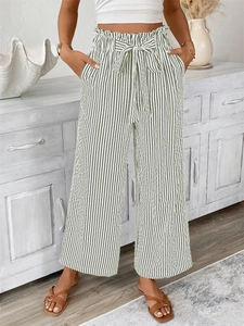 Elegant green striped high-waisted wide-leg trousers with tie belt and side pockets