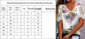 Detailed size guide for women floral print lace t-shirt featuring S-4XL measurements