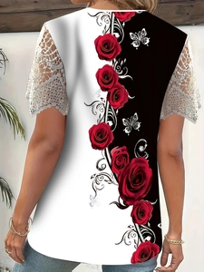 Detail of white hollow lace sleeves and colorful rose butterfly print on the top back