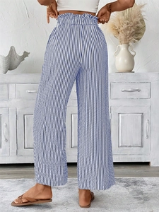 Detailed back view of high waisted blue and white striped straight leg trousers for women