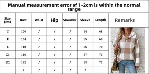 Detailed size chart for the women's plaid hooded sweatshirt showing S-2XL dimensions