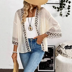 Cardigan Kimono Bohémien pour Femme Élégant Imprimé Géométrique Manches Évasées Ouvert Devant Décontracté Style Ethnique Haut de Plage Été