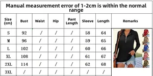Size chart for women's knit zipper sweater with detailed bust and length measurements