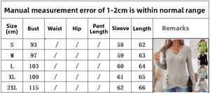Detailed size chart for V-neck long sleeve knit top showing S to 2XL measurements