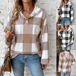 Women's Casual Plaid Hooded Sweatshirt Loose Long Sleeve Buffalo Check Pattern Top With Single Button Detail Fashion