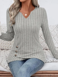 Women's grey ribbed V-neck long sleeve top with decorative side buttons and cozy knit texture