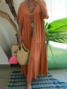 Women Bohemian V-Neck Short Sleeve Maxi Dress Tiered Loose Fit Casual Summer Vacation Solid Color A-Line Cake Dress