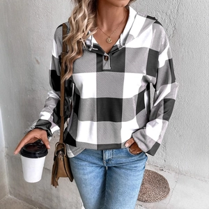 Relaxed fit hooded plaid shirt for women in black and white checkered pattern