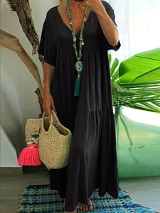 Women's black V-neck short sleeve loose maxi dress with layered bohemian style skirt
