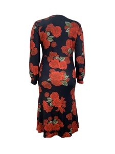 Detail view of the floral rose print on the back of this long sleeve maxi dress