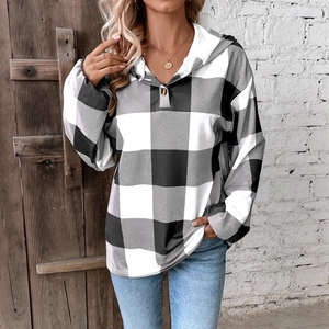 Women's buffalo plaid oversized hoodie with wood button and casual hood design