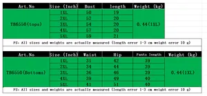 Detailed size chart for women's two-piece set including tops and bottoms measurements