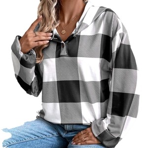 Women's loose black and white buffalo plaid hoodie with buttons and casual long sleeves