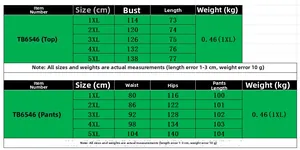 Tableau des tailles pour ensemble T-shirt et pantalon grande taille avec mesures 1XL-5XL