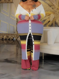 Plus size two-piece knit set featuring colorful striped long sleeve cardigan and pants