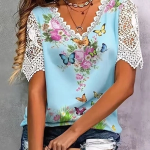 Women lace V-neck t-shirt in sky blue featuring floral rose and butterfly prints
