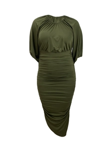 Detail of olive green ruched midi dress with high neck and puff sleeves for a slim fit