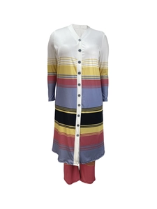 Detail of multi-color striped two-piece set featuring front button closure and V-neckline