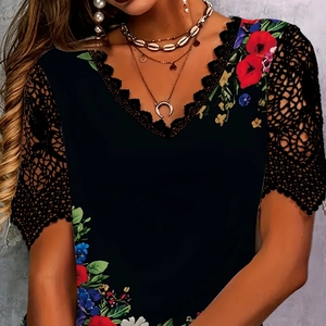 Women's V-neck black T-shirt with lace trim, floral print and crochet hollow sleeves