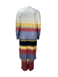 Detail view of colorful horizontal stripes and vertical ribbed texture on the knit set