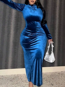 Elegant deep blue velvet long sleeve maxi dress with premium texture and slim fit design