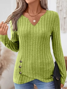 Light green long sleeve ribbed knit top with a stylish V-neck and decorative side buttons