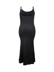 Back view of a black knitted maxi dress featuring adjustable spaghetti straps and U-shaped back