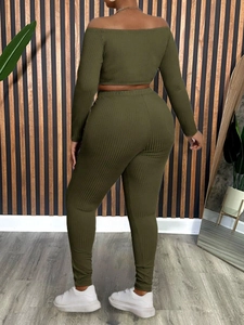 Olive green off-shoulder long sleeve top and high-waist knit pants two-piece set
