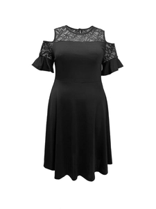 Detail of cold shoulder dress featuring floral lace neckline and ruffled short sleeves