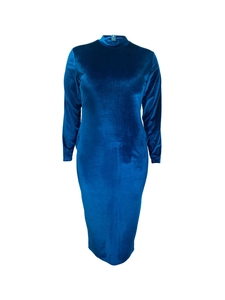 Detailed view of royal blue velvet dress showing mock neck and smooth texture
