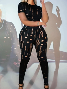 Femmes Grandes Tailles Crop Top Manches Courtes Maille Ajourée et Leggings Taille Haute Streetwear Sexy Noir Ensemble Deux Pièces