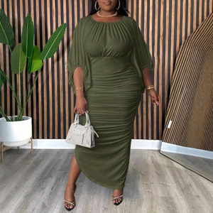 Women Plus Size Ruched Bodycon Maxi Dress Elegant Solid Color Round Neck Puff Sleeve Slim Fit Polyester Party Long Dress