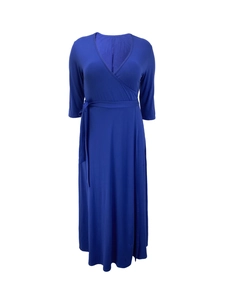 Detail of royal blue wrap dress showing V-neck design and matching waist tie detail